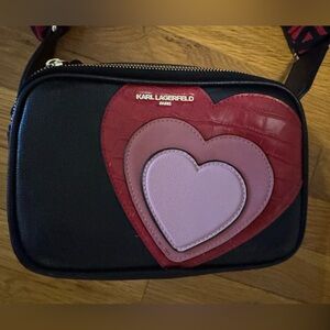Karl Lagerfeld Black and Red Crossbody Bag with Heart Design NWOT
